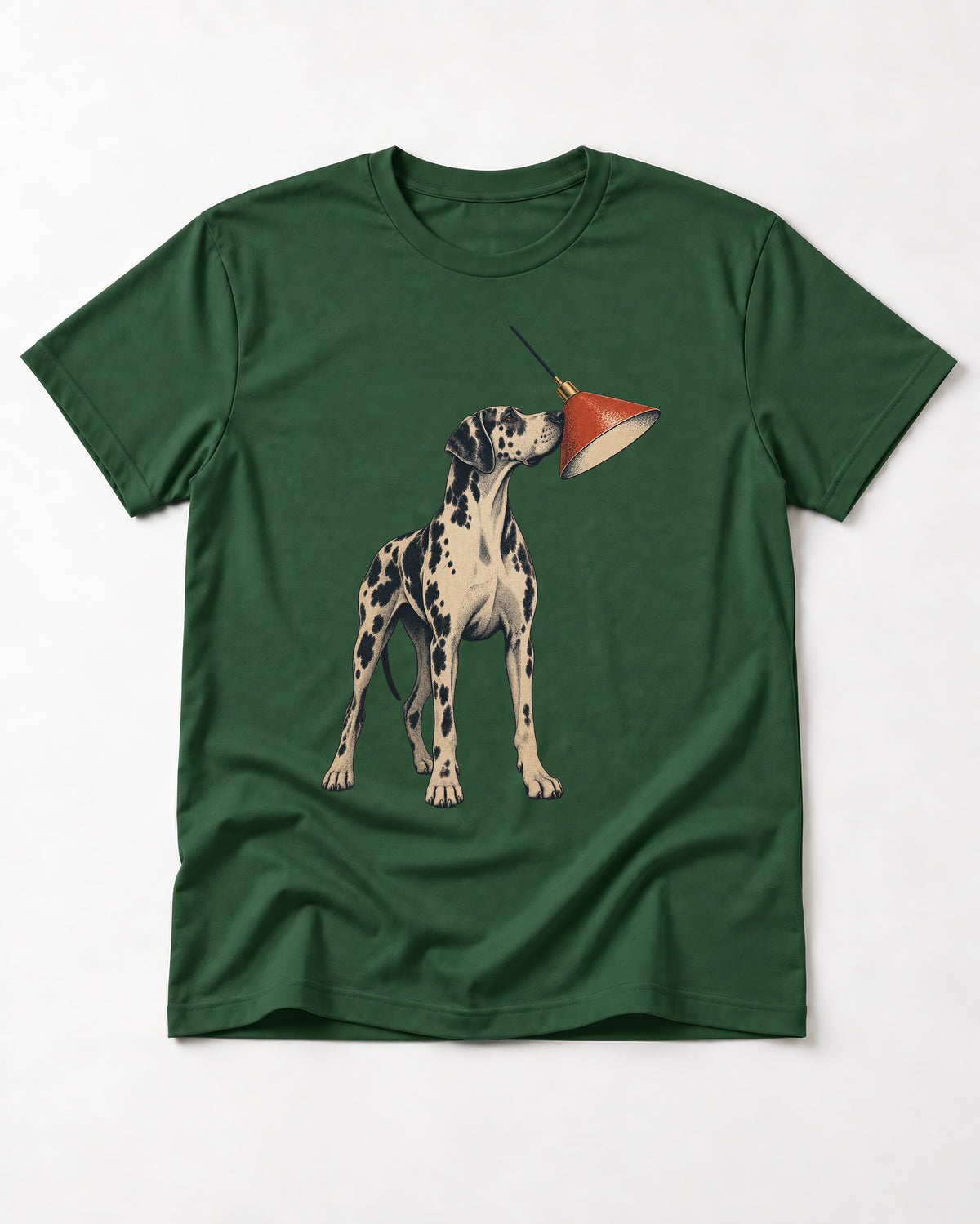 Great Dane Inspecting Hanging Lamp Graphic T-Shirt in Forest Green, flat lay product photo