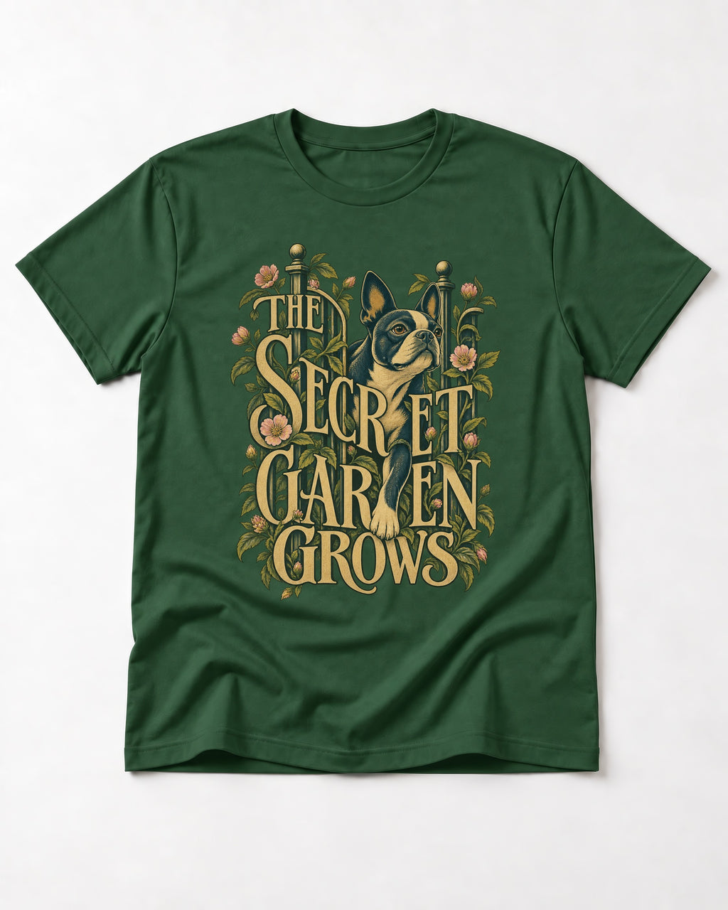 The Secret Garden Grows Boston Terrier T-Shirt in Forest Green, flat lay product photo