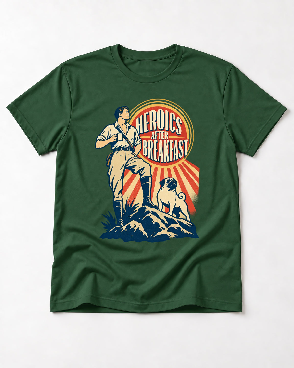 Pug Heroics After Breakfast Adventure Graphic T-Shirt in Forest Green, flat lay product photo