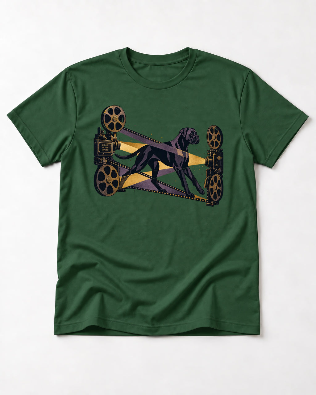 Light Never Waits Boxer Cinema Graphic T-Shirt in Forest Green, flat lay product photo