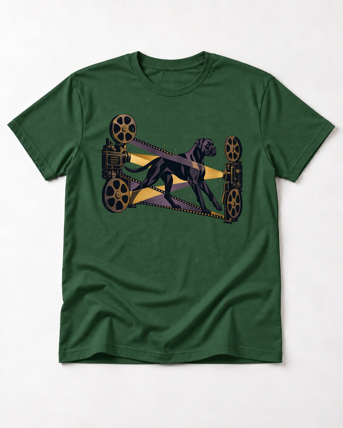 Light Never Waits Boxer Cinema Graphic T-Shirt in Forest Green, flat lay product photo