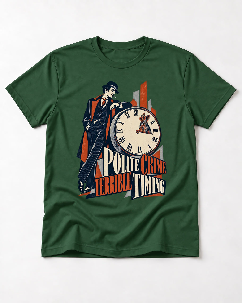 Yorkshire Terrier Polite Crime Terrible Timing Art Deco Clock Graphic T-Shirt in Forest Green, flat lay product photo