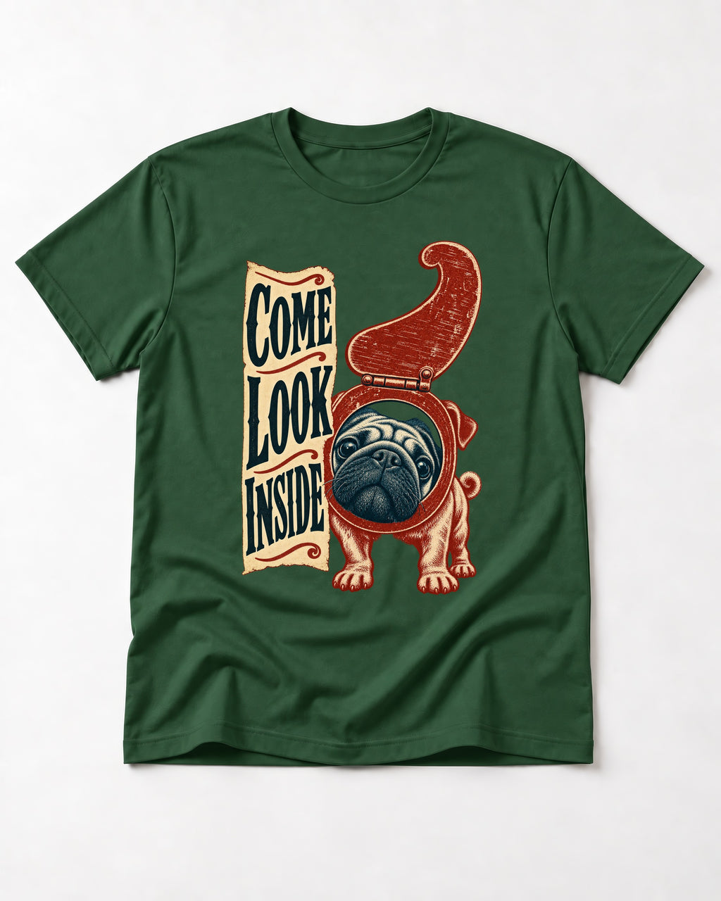 Pug Come Look Inside Toilet Seat Graphic T-Shirt in Forest Green, flat lay product photo