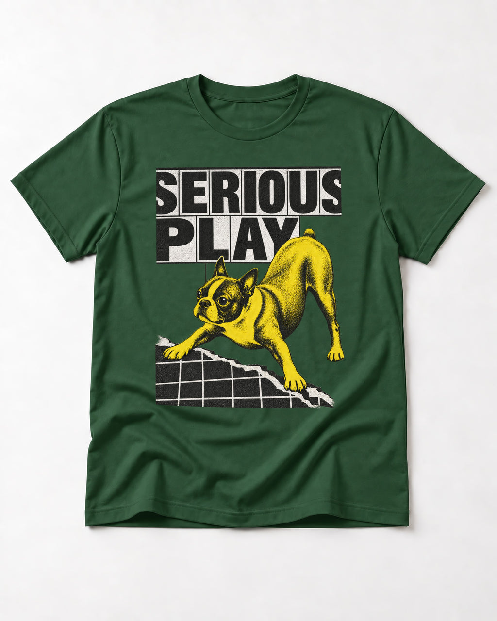 Boston Terrier Serious Play Agility Graphic T-Shirt in Forest Green, flat lay product photo