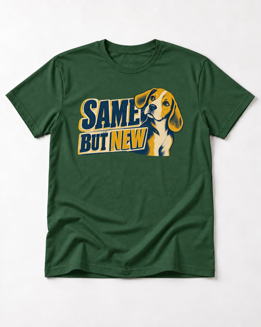 Same Beagle But New T-Shirt in Forest Green, flat lay product photo