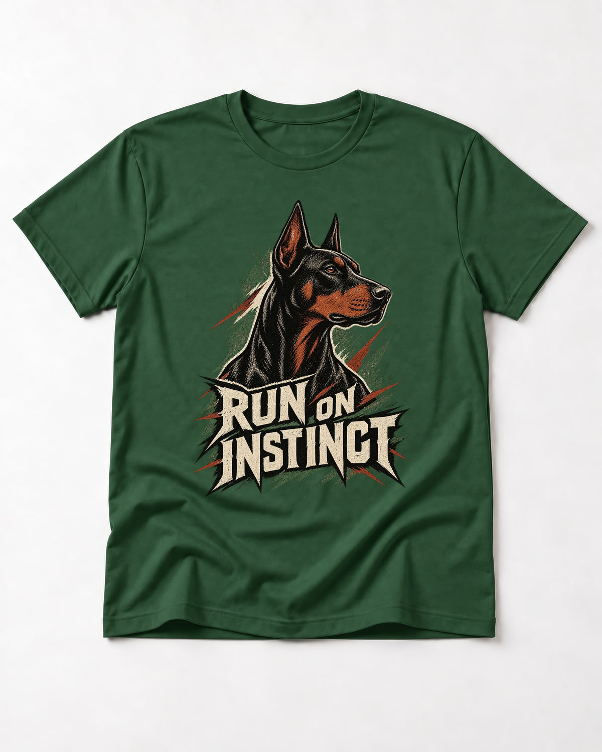 Doberman Run on Instinct Brush Slash Graphic T-Shirt in Forest Green, flat lay product photo