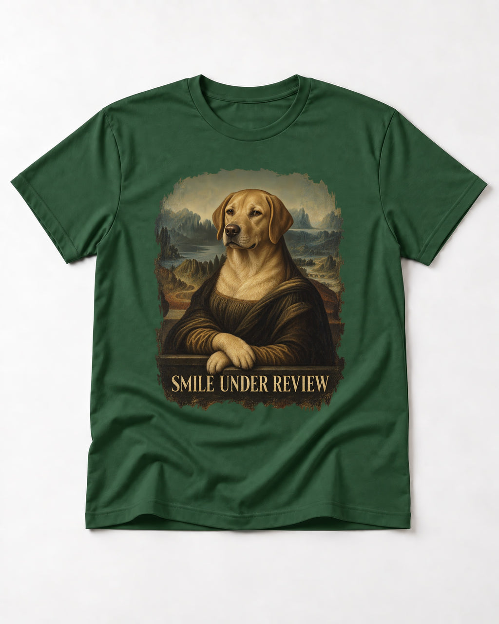 Labrador Retriever Smile Under Review Mona Lisa Graphic T-Shirt in Forest Green, flat lay product photo