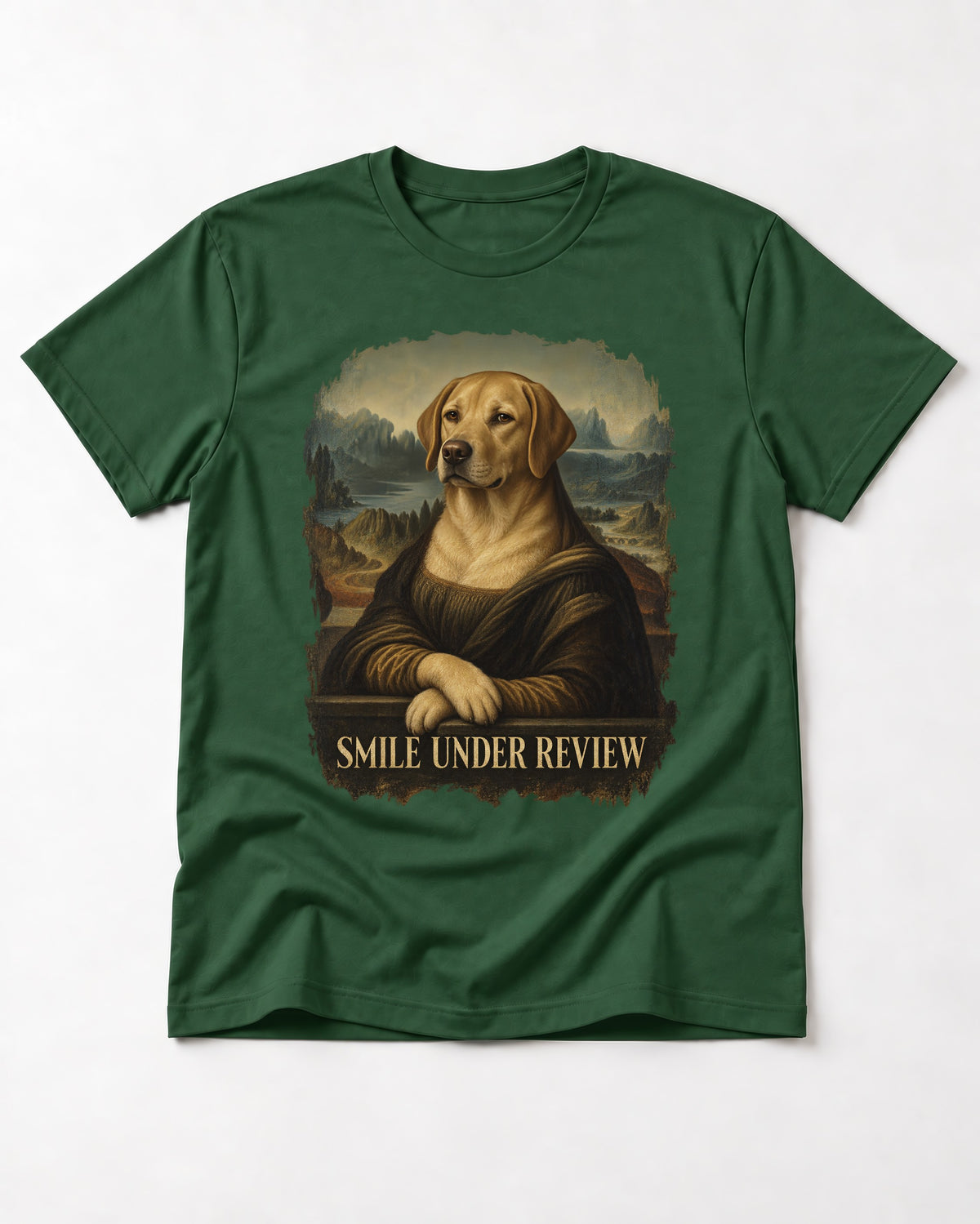 Labrador Retriever Smile Under Review Mona Lisa Graphic T-Shirt in Forest Green, flat lay product photo
