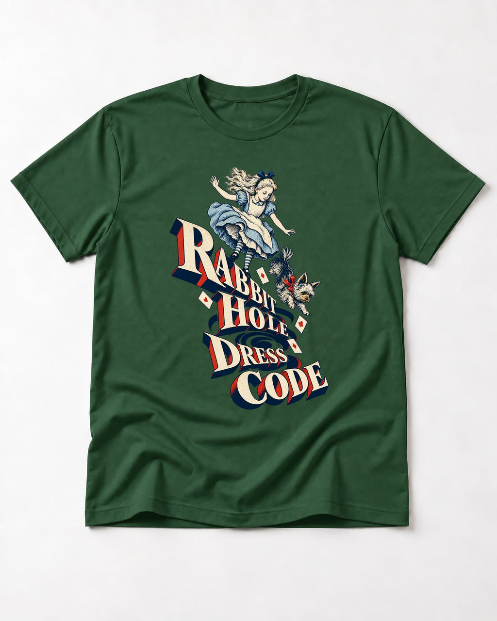 Yorkshire Terrier Rabbit Hole Dress Code Wonderland Graphic T-Shirt in Forest Green, flat lay product photo