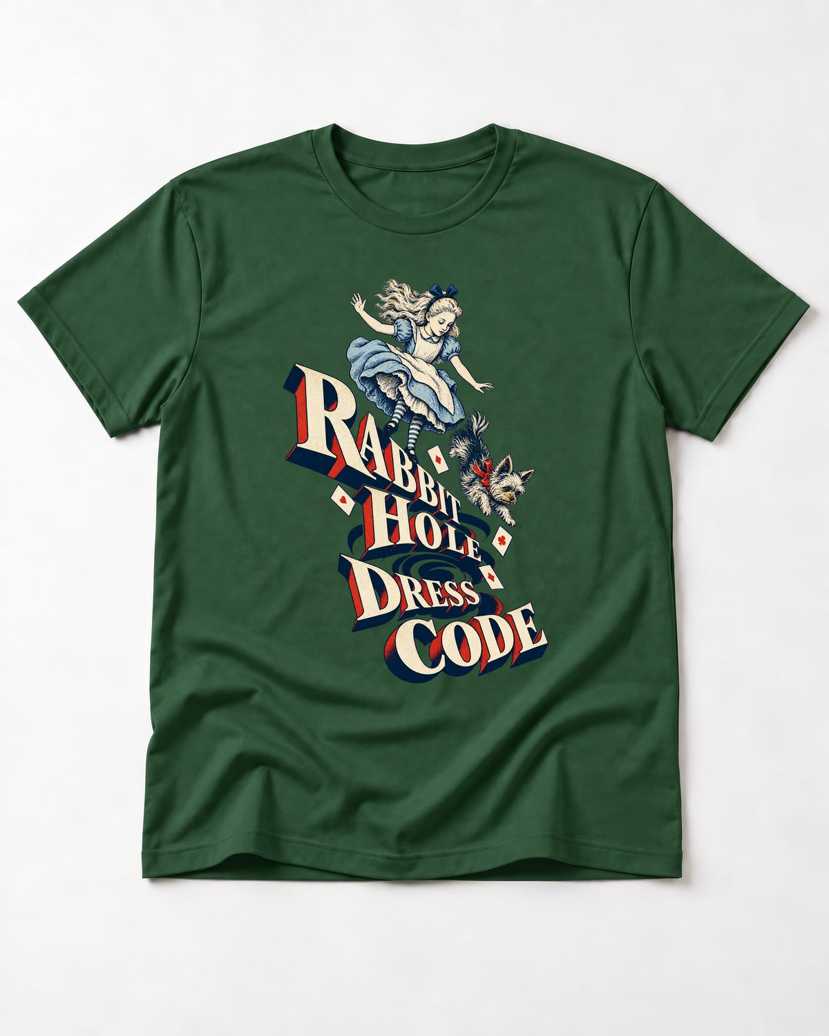 Yorkshire Terrier Rabbit Hole Dress Code Wonderland Graphic T-Shirt in Forest Green, flat lay product photo