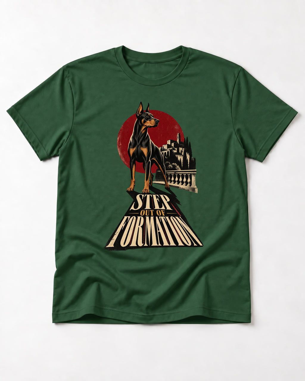 Doberman Step Out of Formation Road Vista Graphic T-Shirt in Forest Green, flat lay product photo