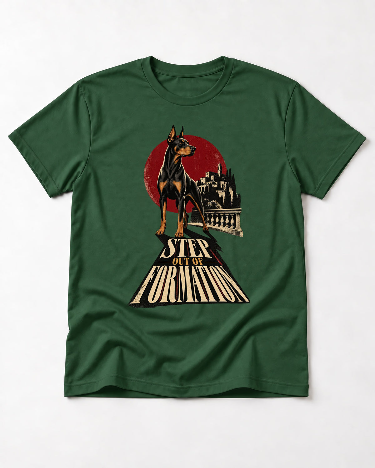 Doberman Step Out of Formation Road Vista Graphic T-Shirt in Forest Green, flat lay product photo