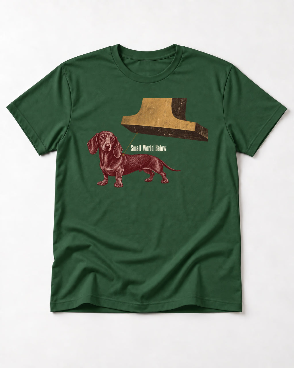 Dachshund Small World Below Giant Shoe Graphic T-Shirt in Forest Green, flat lay product photo