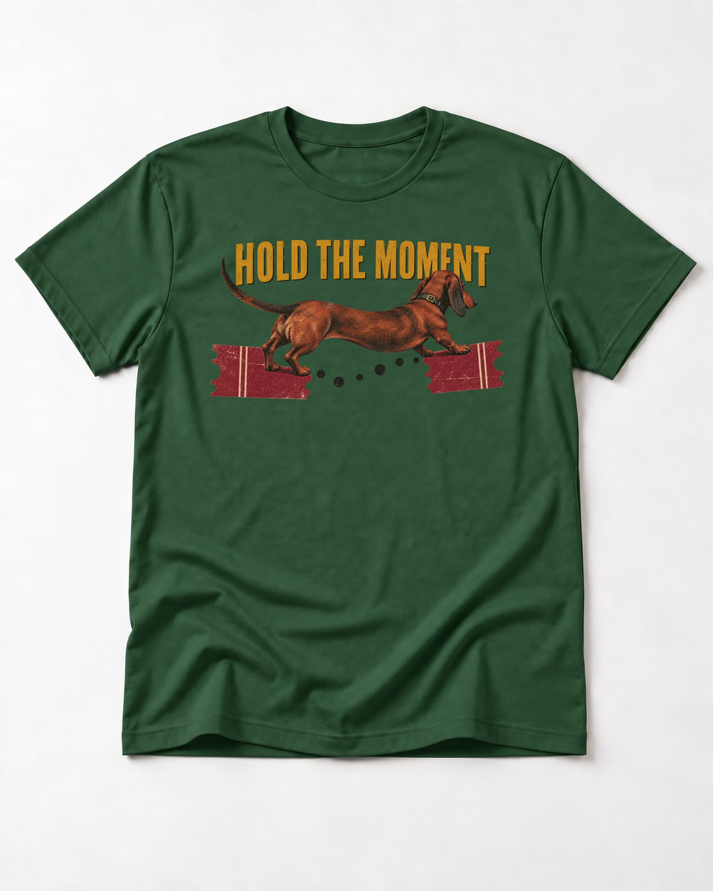 Dachshund Hold The Moment Torn Ticket Bridge Graphic T-Shirt in Forest Green, flat lay product photo