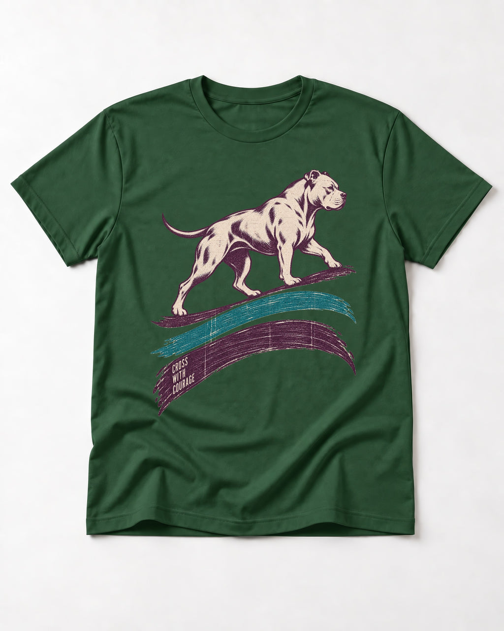 Pitbull Cross with Courage Brushstroke Graphic T-Shirt in Forest Green, flat lay product photo