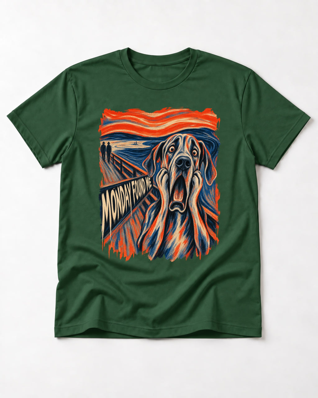 Great Dane Monday Found Me Scream Parody Graphic T-Shirt in Forest Green, flat lay product photo