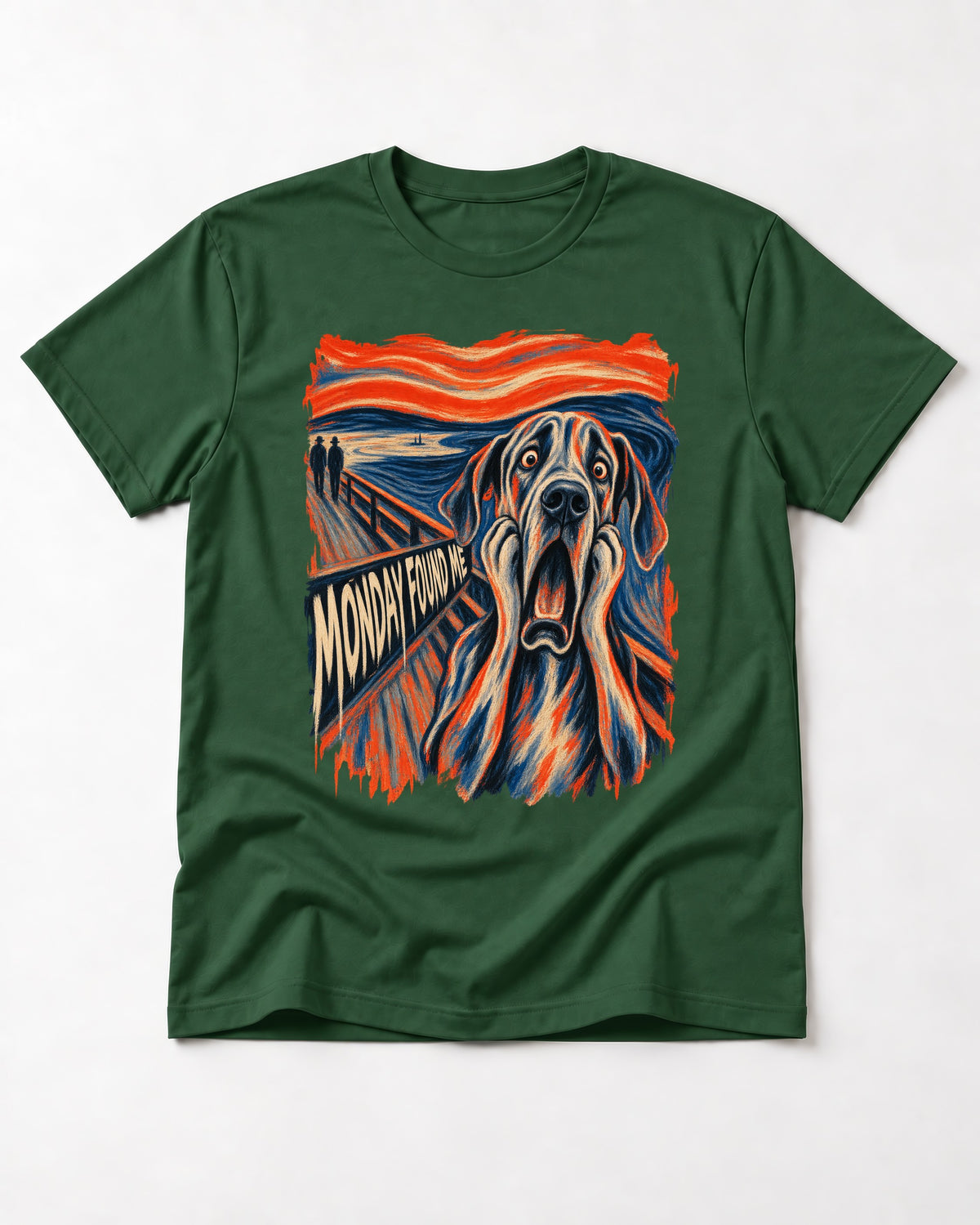 Great Dane Monday Found Me Scream Parody Graphic T-Shirt in Forest Green, flat lay product photo