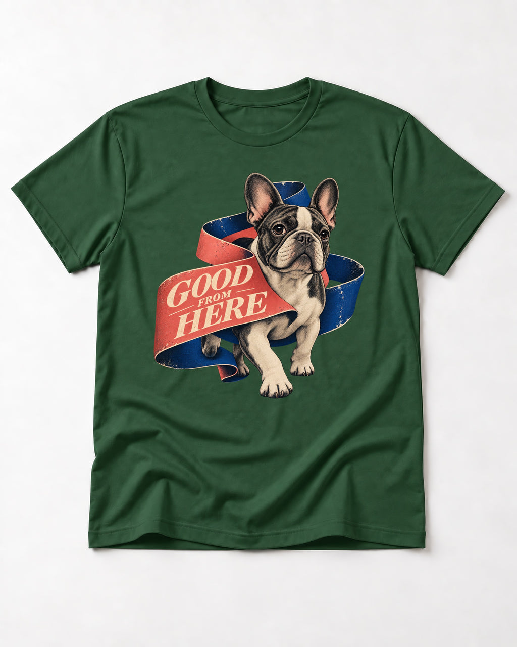 Frenchie Good From Here Ribbon Graphic T-Shirt in Forest Green, flat lay product photo