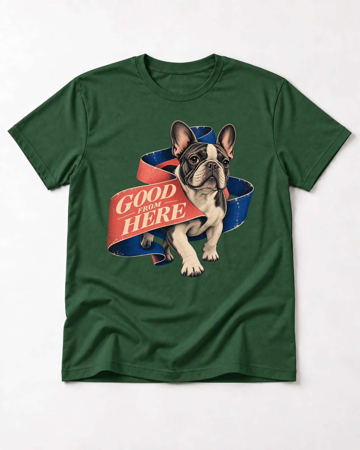 Frenchie Good From Here Ribbon Graphic T-Shirt in Forest Green, flat lay product photo