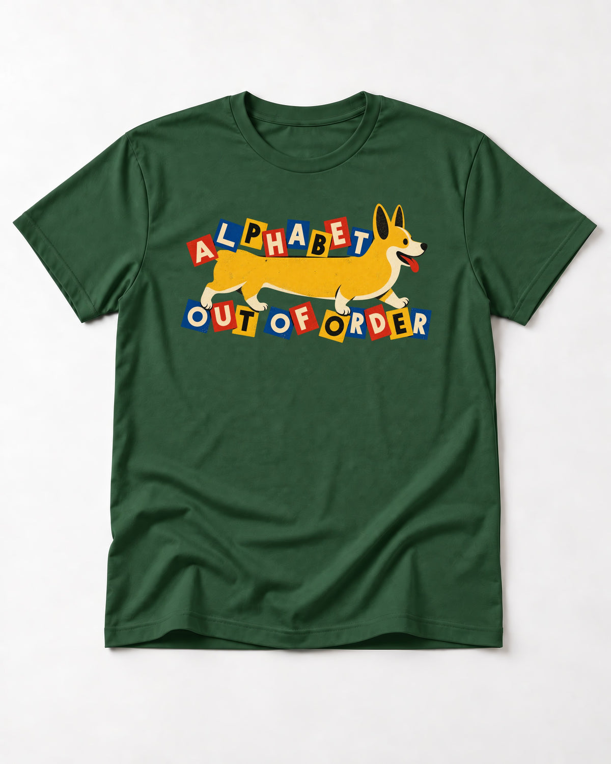 Corgi Alphabet Out of Order Graphic T-Shirt in Forest Green, flat lay product photo