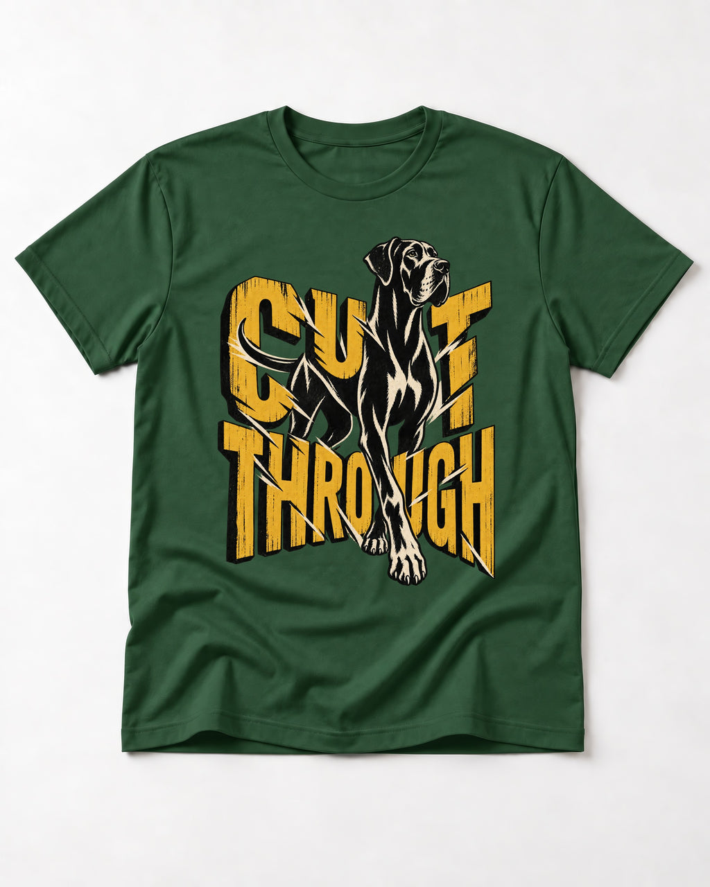 Great Dane Cut Through Breaking Type Graphic T-Shirt in Forest Green, flat lay product photo