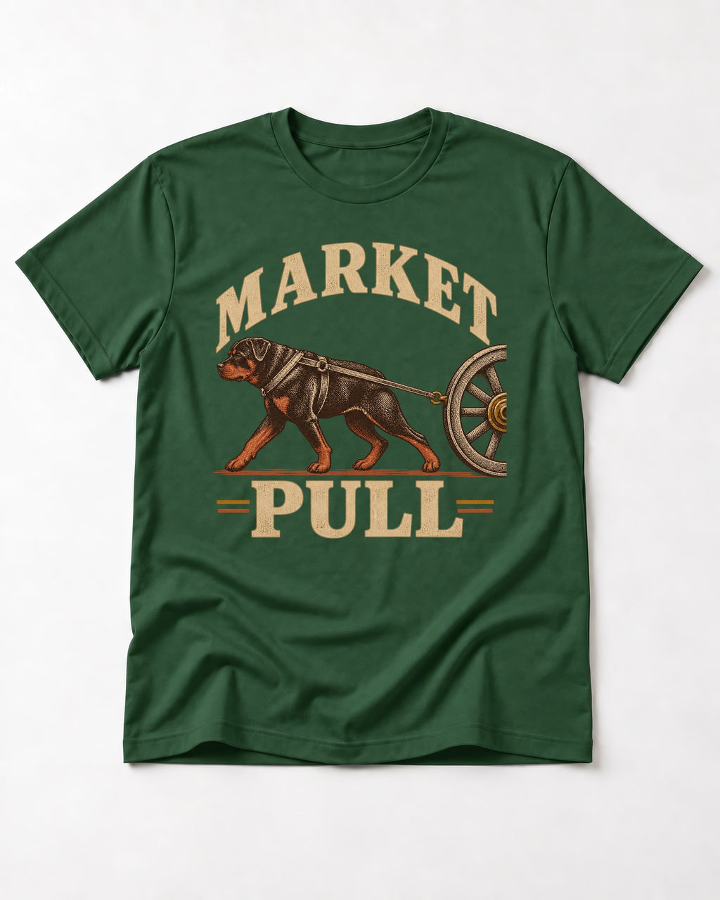Market Pull Rottweiler Cart Harness Graphic T-Shirt in Forest Green, flat lay product photo