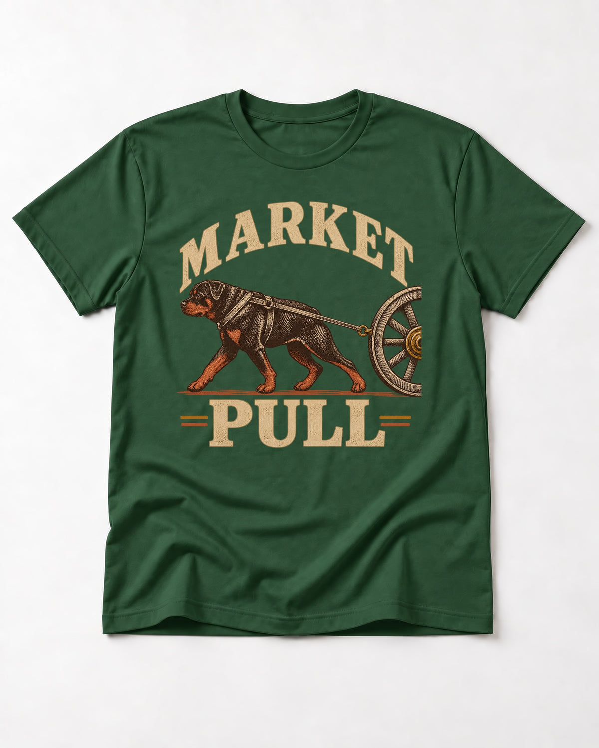 Market Pull Rottweiler Cart Harness Graphic T-Shirt in Forest Green, flat lay product photo