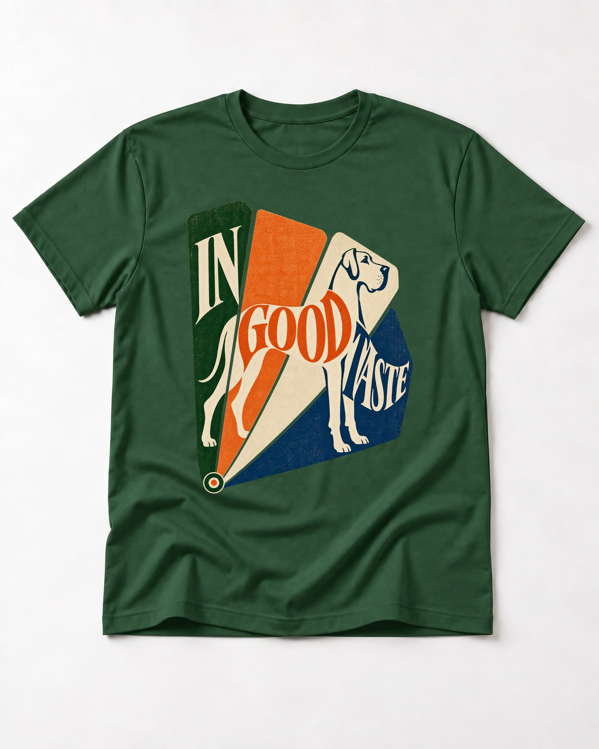 Great Dane In Good Taste Color Fan Graphic T-Shirt in Forest Green, flat lay product photo