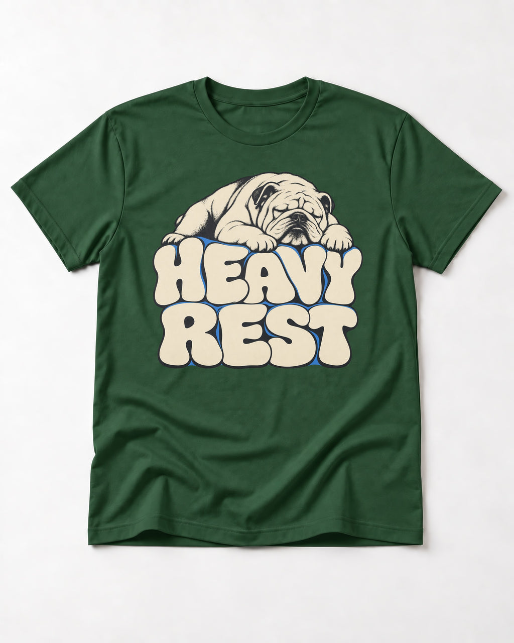 English Bulldog Heavy Rest Graphic T-Shirt in Forest Green, flat lay product photo