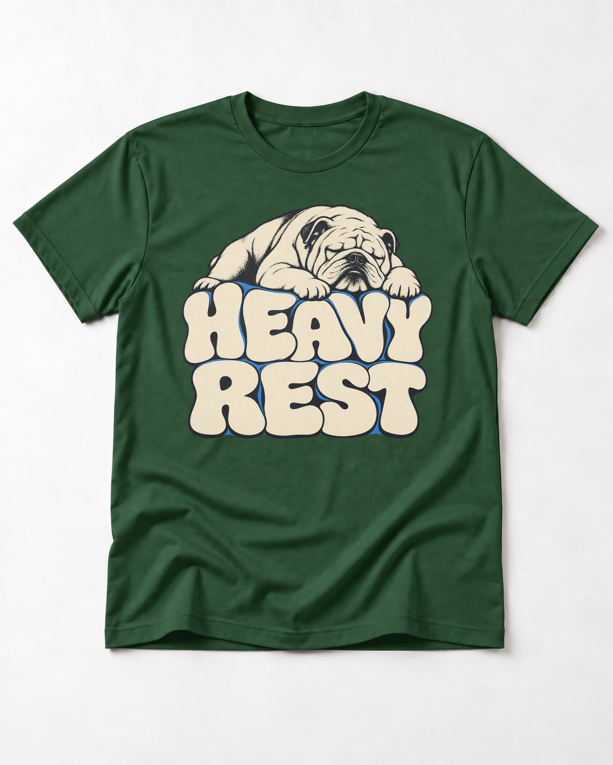 English Bulldog Heavy Rest Graphic T-Shirt in Forest Green, flat lay product photo