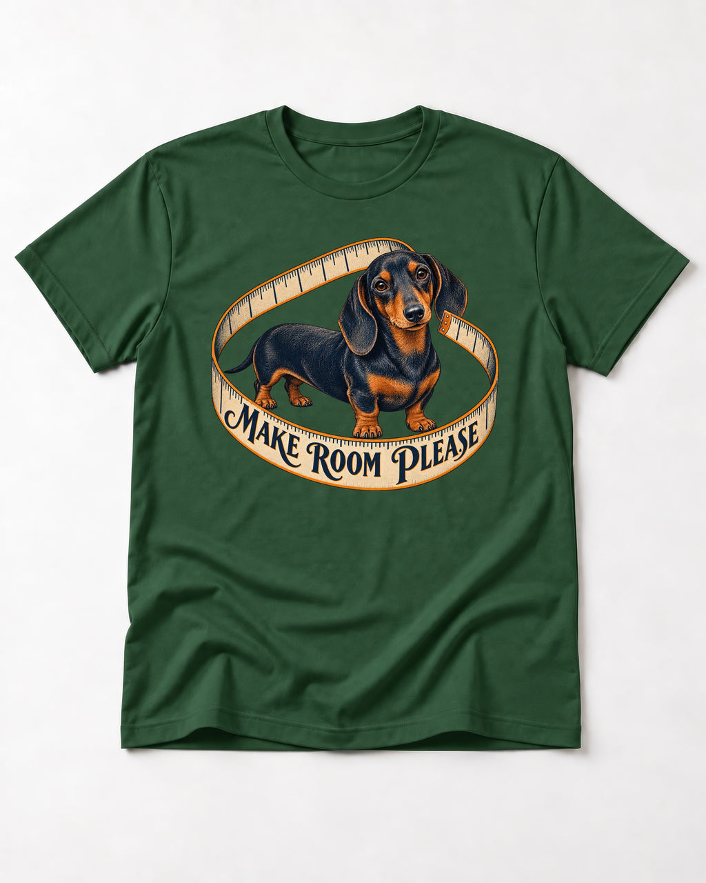 Dachshund Make Room Please Measuring Tape Graphic T-Shirt in Forest Green, flat lay product photo