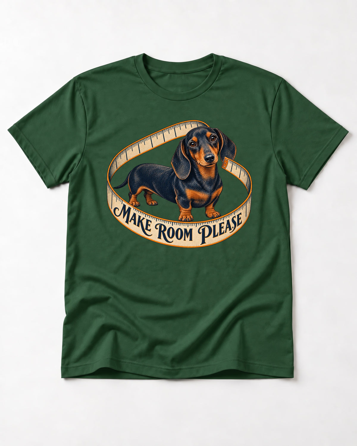 Dachshund Make Room Please Measuring Tape Graphic T-Shirt in Forest Green, flat lay product photo