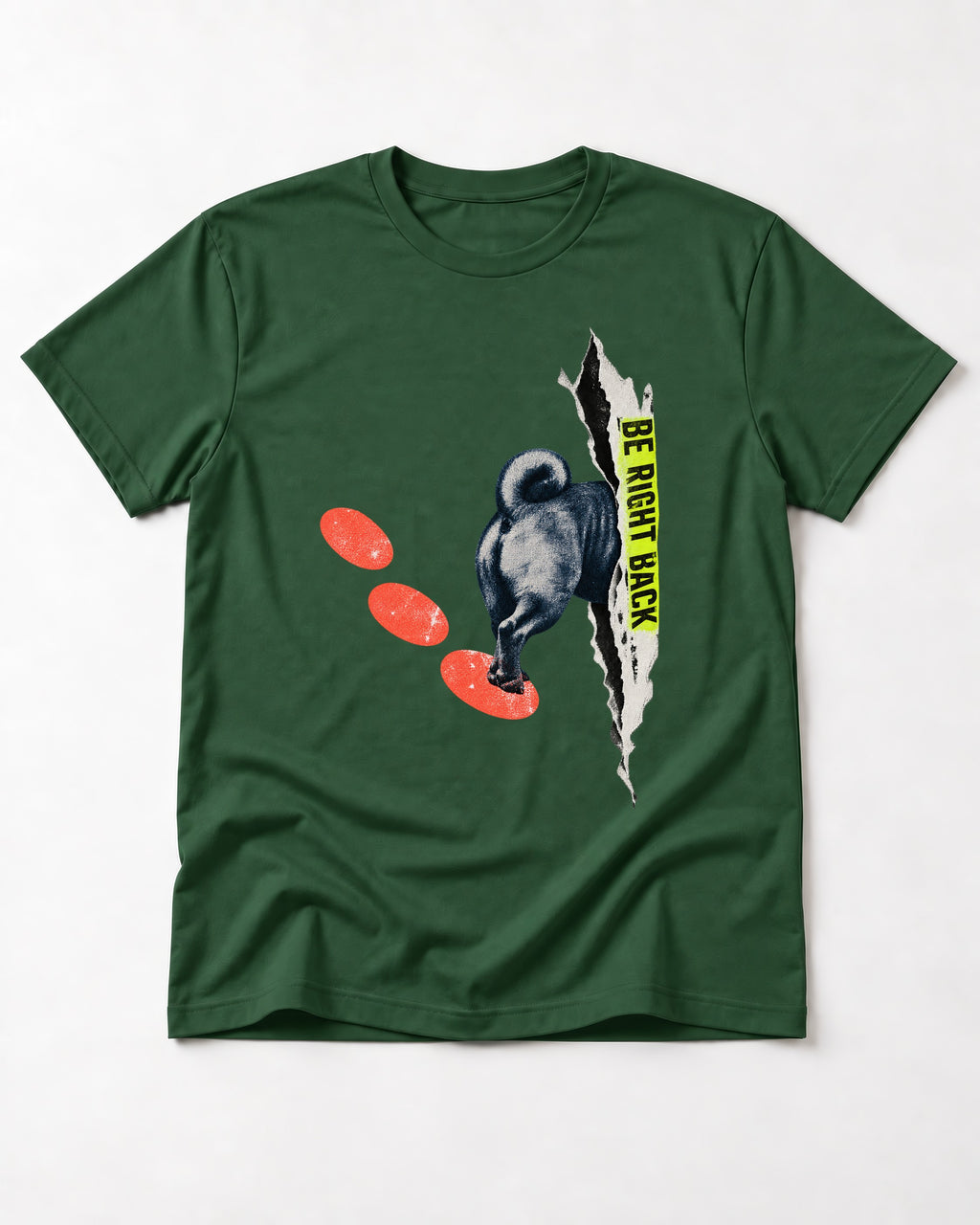 Pug Be Right Back Torn Portal Graphic T-Shirt in Forest Green, flat lay product photo