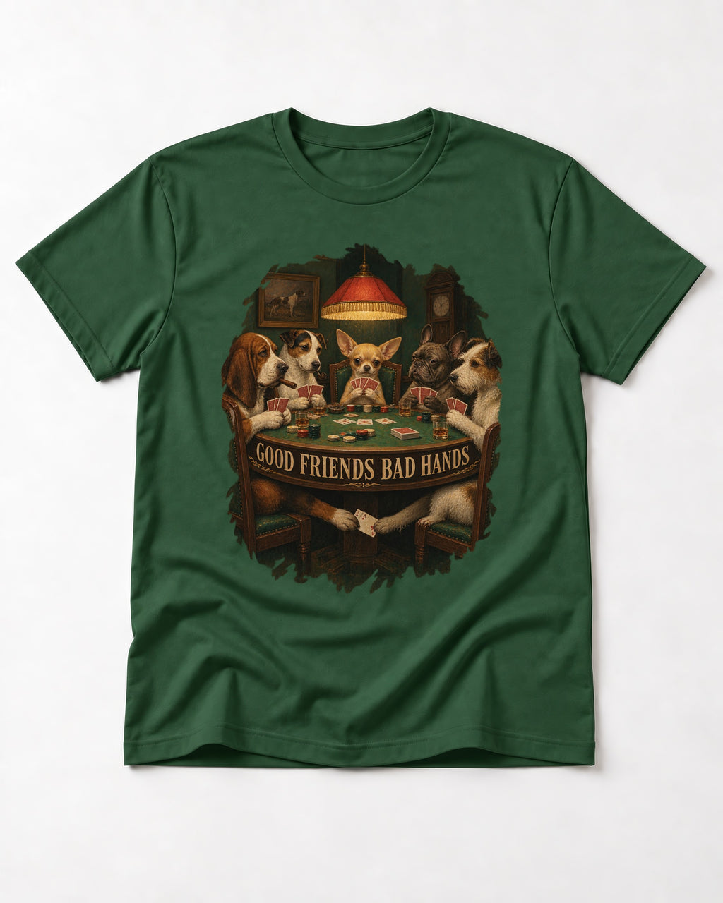 Good Friends Bad Hands Chihuahua Poker Scene T-Shirt in Forest Green, flat lay product photo
