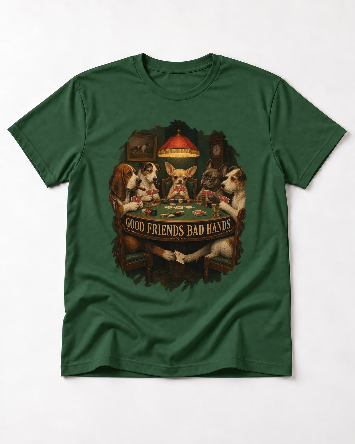Good Friends Bad Hands Chihuahua Poker Scene T-Shirt in Forest Green, flat lay product photo