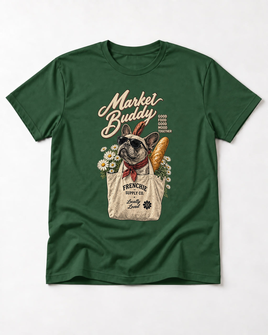 Frenchie Market Buddy Grocery Tote Graphic T-Shirt in Forest Green, flat lay product photo