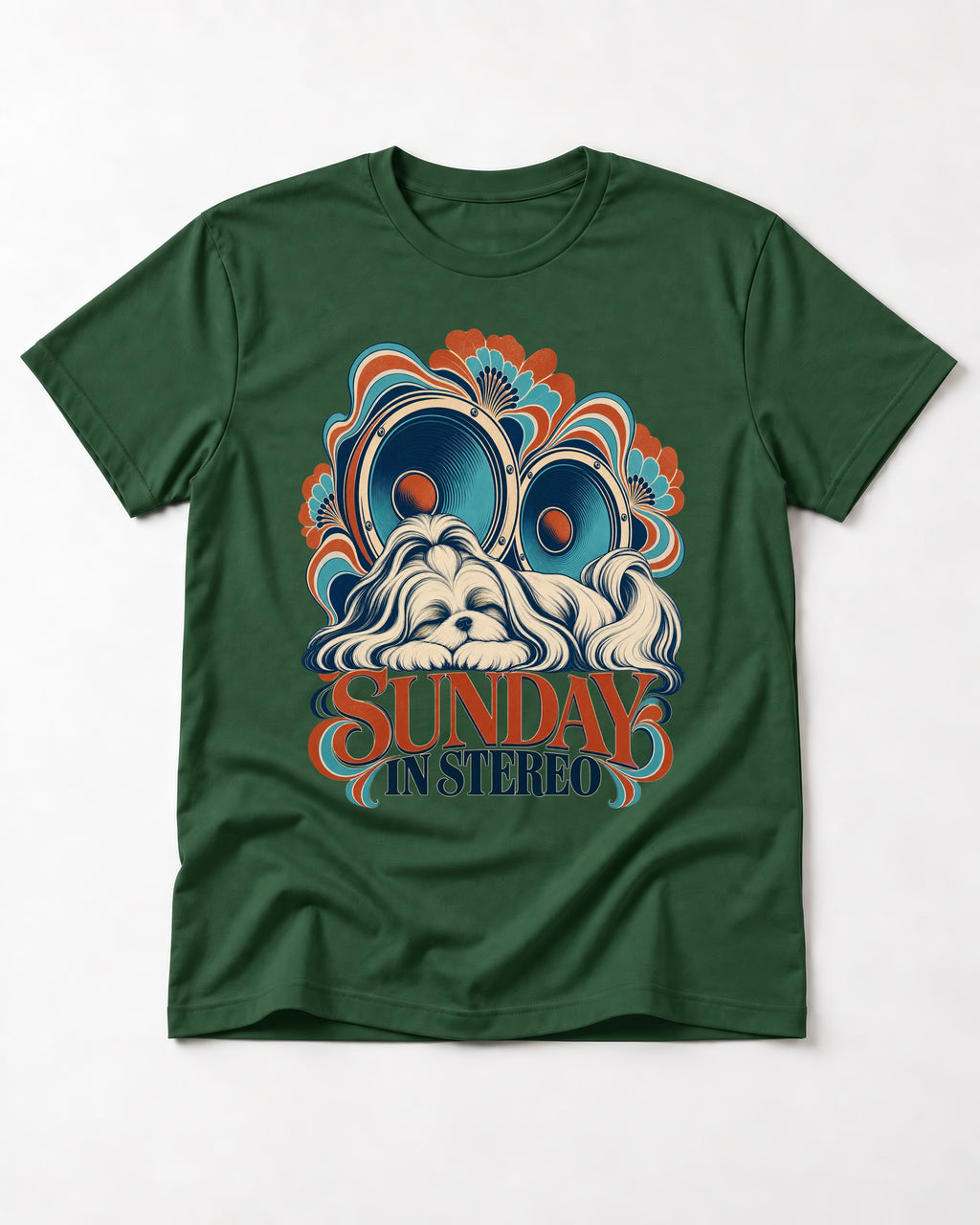 Shih Tzu Sunday in Stereo Retro Speaker Graphic T-Shirt in Forest Green, flat lay product photo