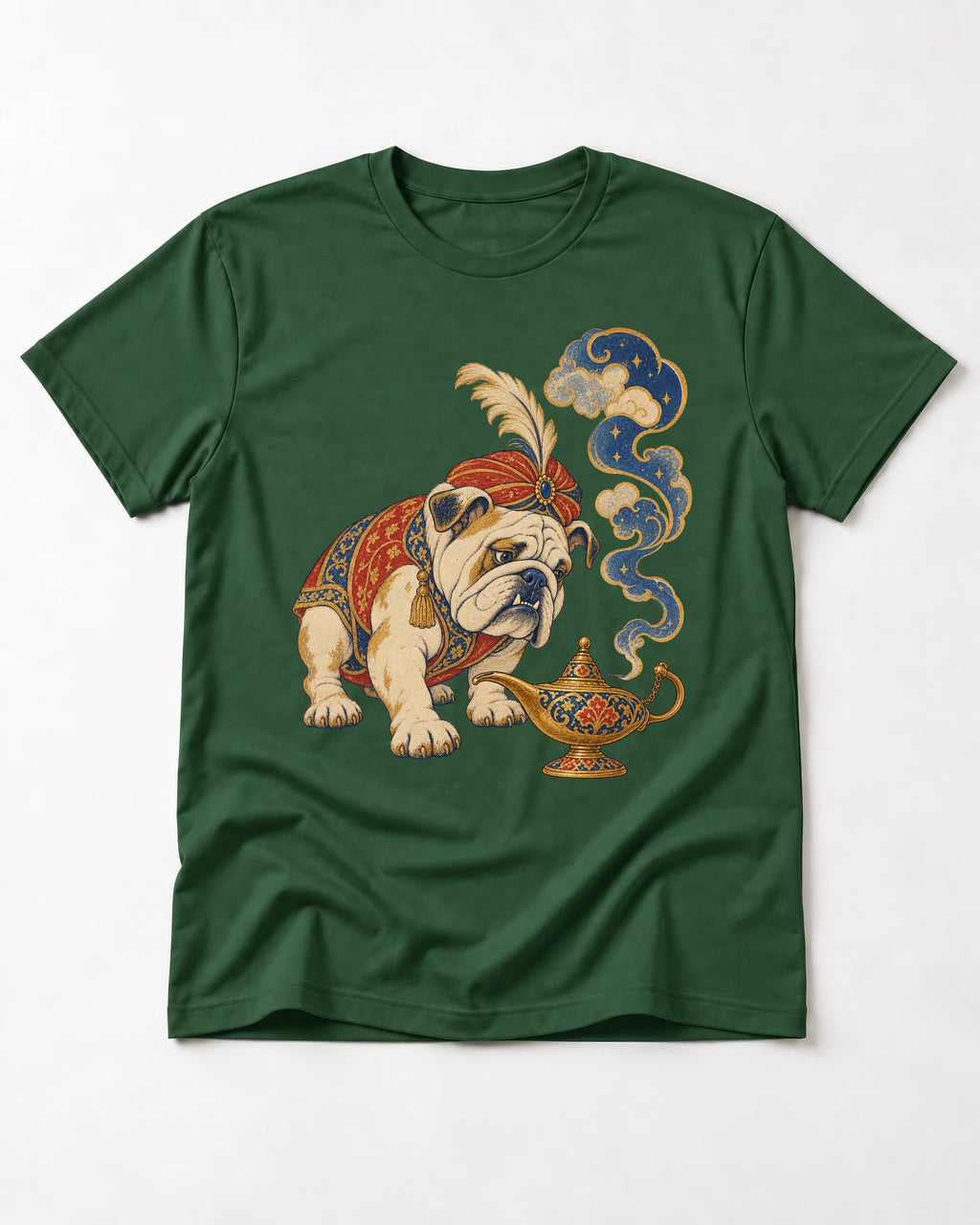 English Bulldog Magic Lamp Genie Graphic T-Shirt in Forest Green, flat lay product photo