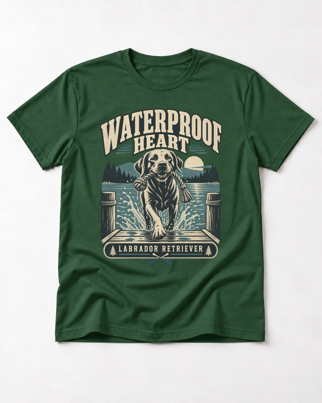 Labrador Retriever Waterproof Heart Lake Adventure Graphic T-Shirt in Forest Green, flat lay product photo