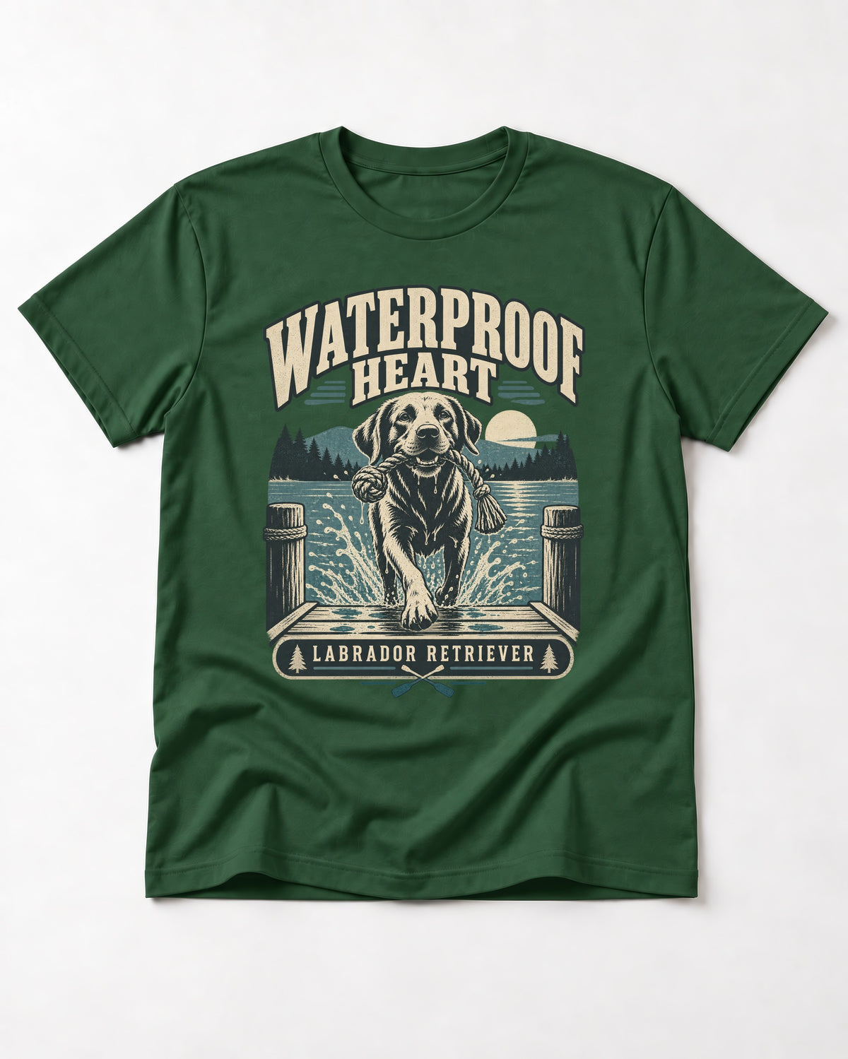 Labrador Retriever Waterproof Heart Lake Adventure Graphic T-Shirt in Forest Green, flat lay product photo