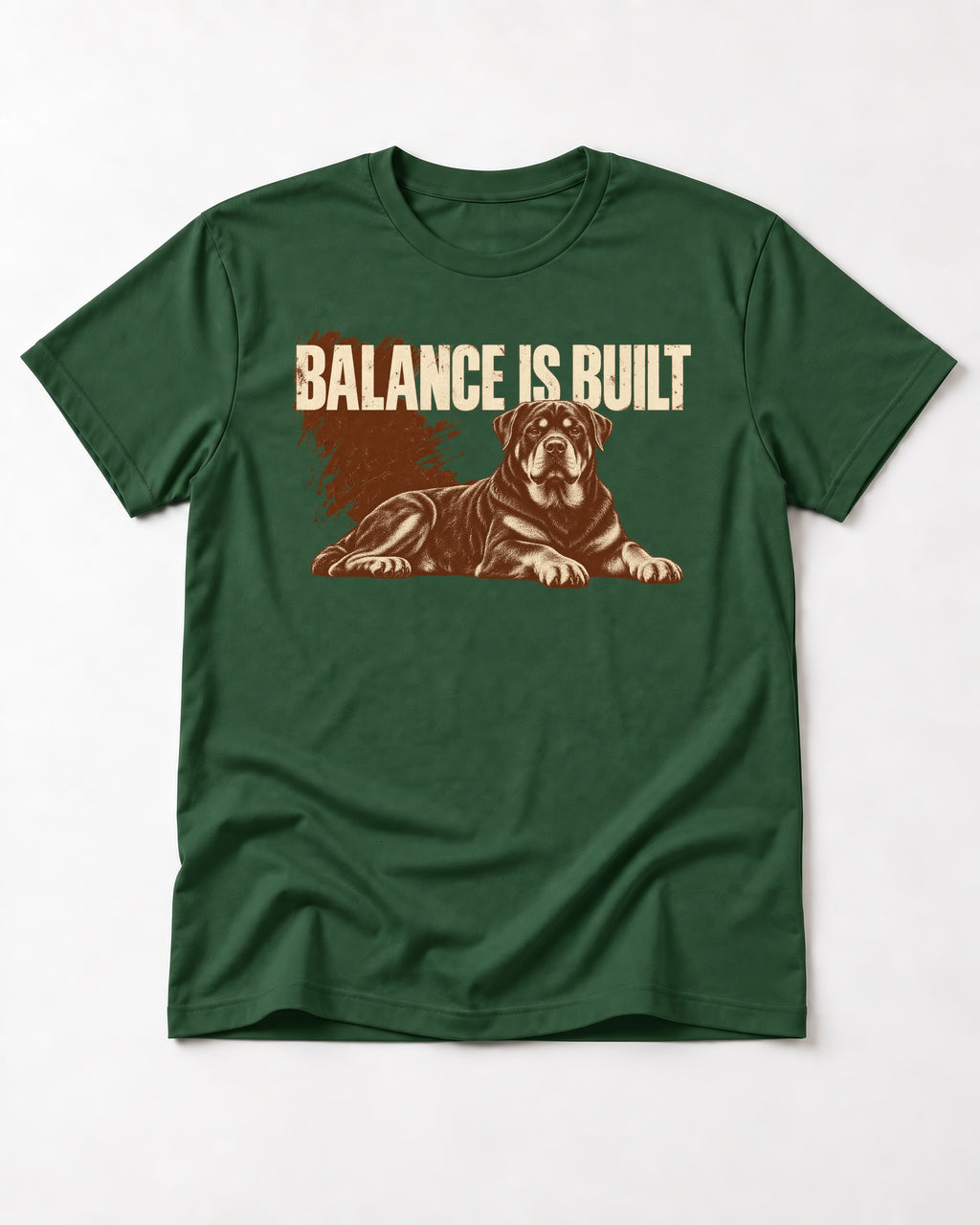 Rottweiler Balance Is Built Resting Strength Graphic T-Shirt in Forest Green, flat lay product photo