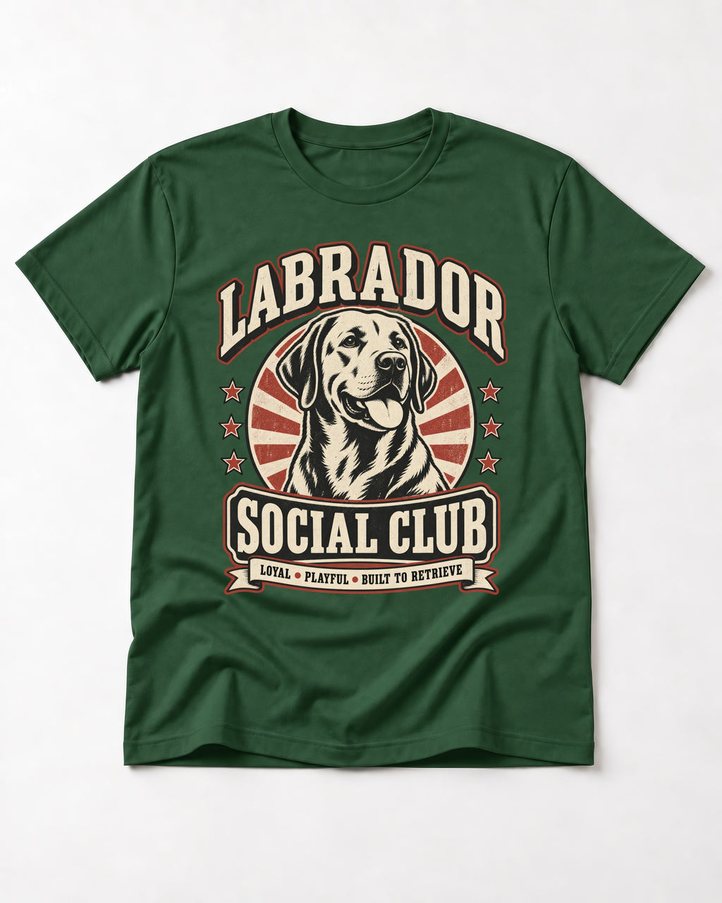 Labrador Retriever Social Club Loyal Playful Built to Retrieve Badge Graphic T-Shirt in Forest Green, flat lay product photo