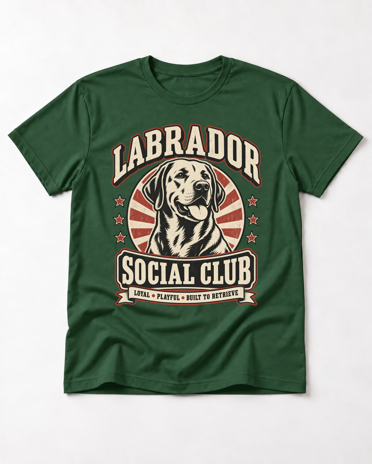 Labrador Retriever Social Club Loyal Playful Built to Retrieve Badge Graphic T-Shirt in Forest Green, flat lay product photo