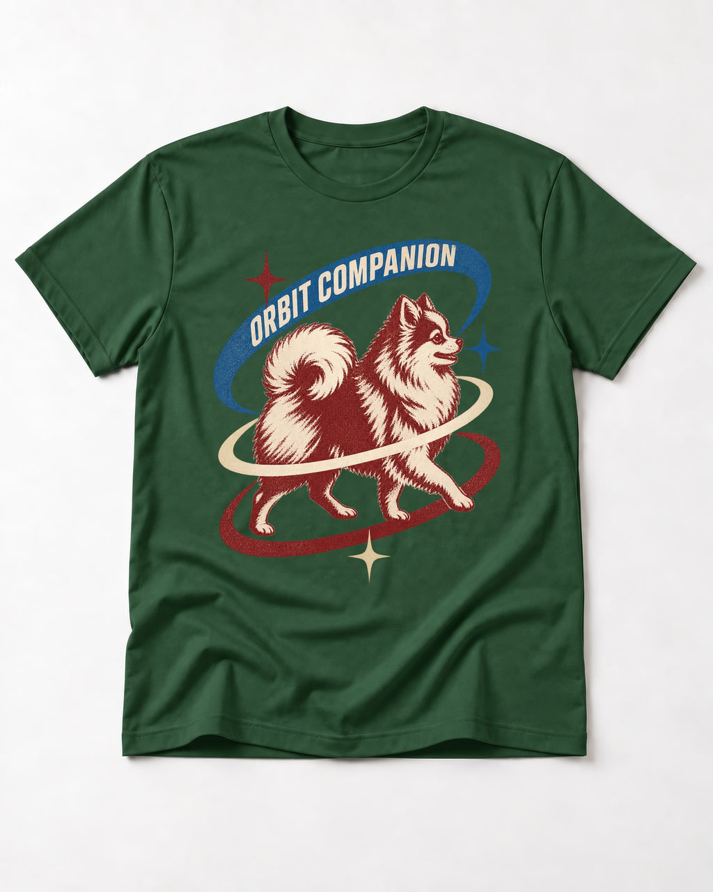 Pomeranian Orbit Companion Retro Space Graphic T-Shirt in Forest Green, flat lay product photo
