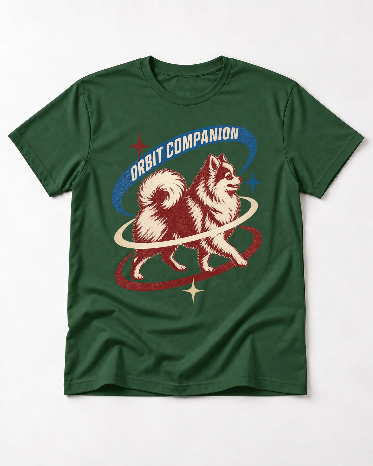 Pomeranian Orbit Companion Retro Space Graphic T-Shirt in Forest Green, flat lay product photo