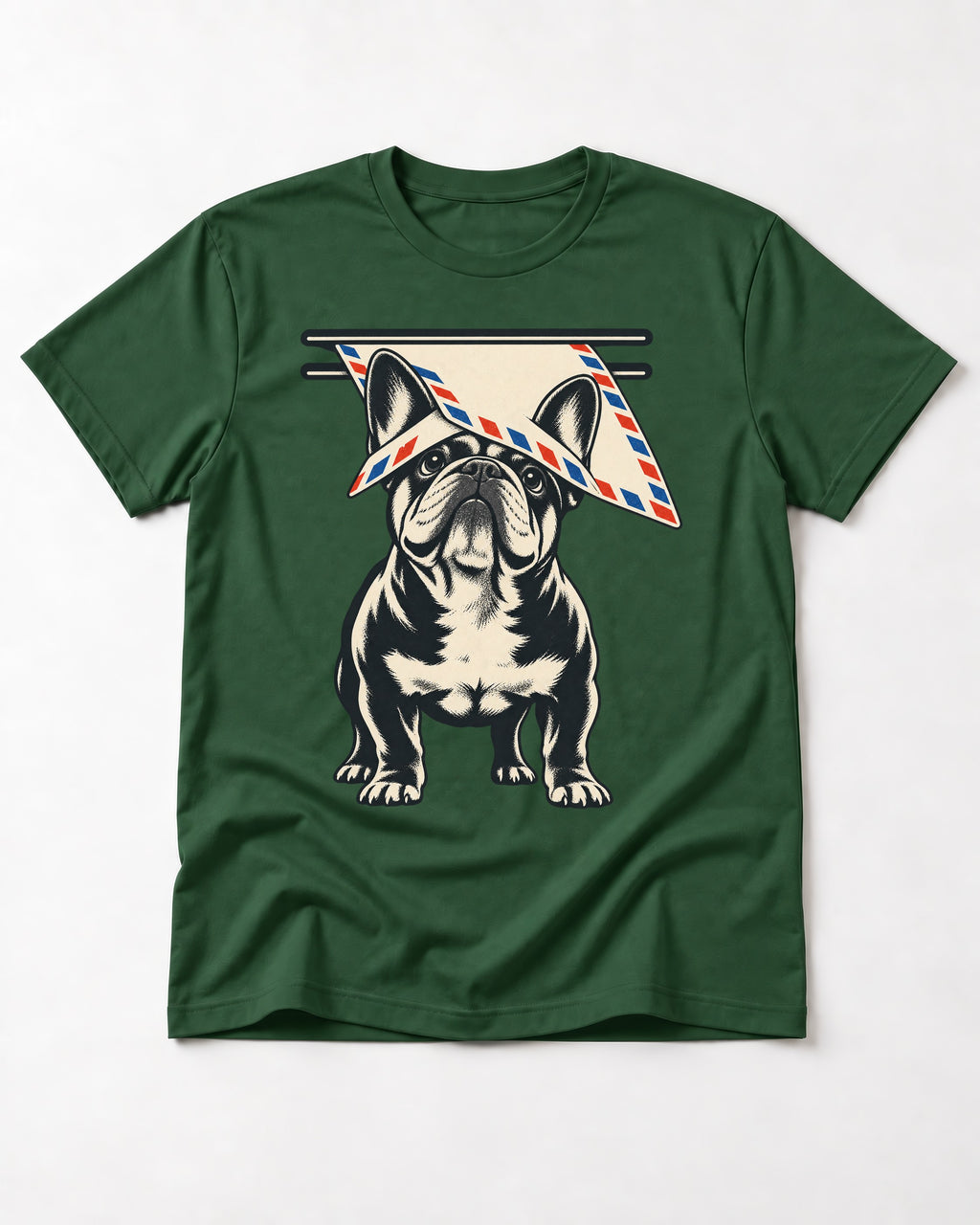 Frenchie Mail Slot Intercept Graphic T-Shirt in Forest Green, flat lay product photo