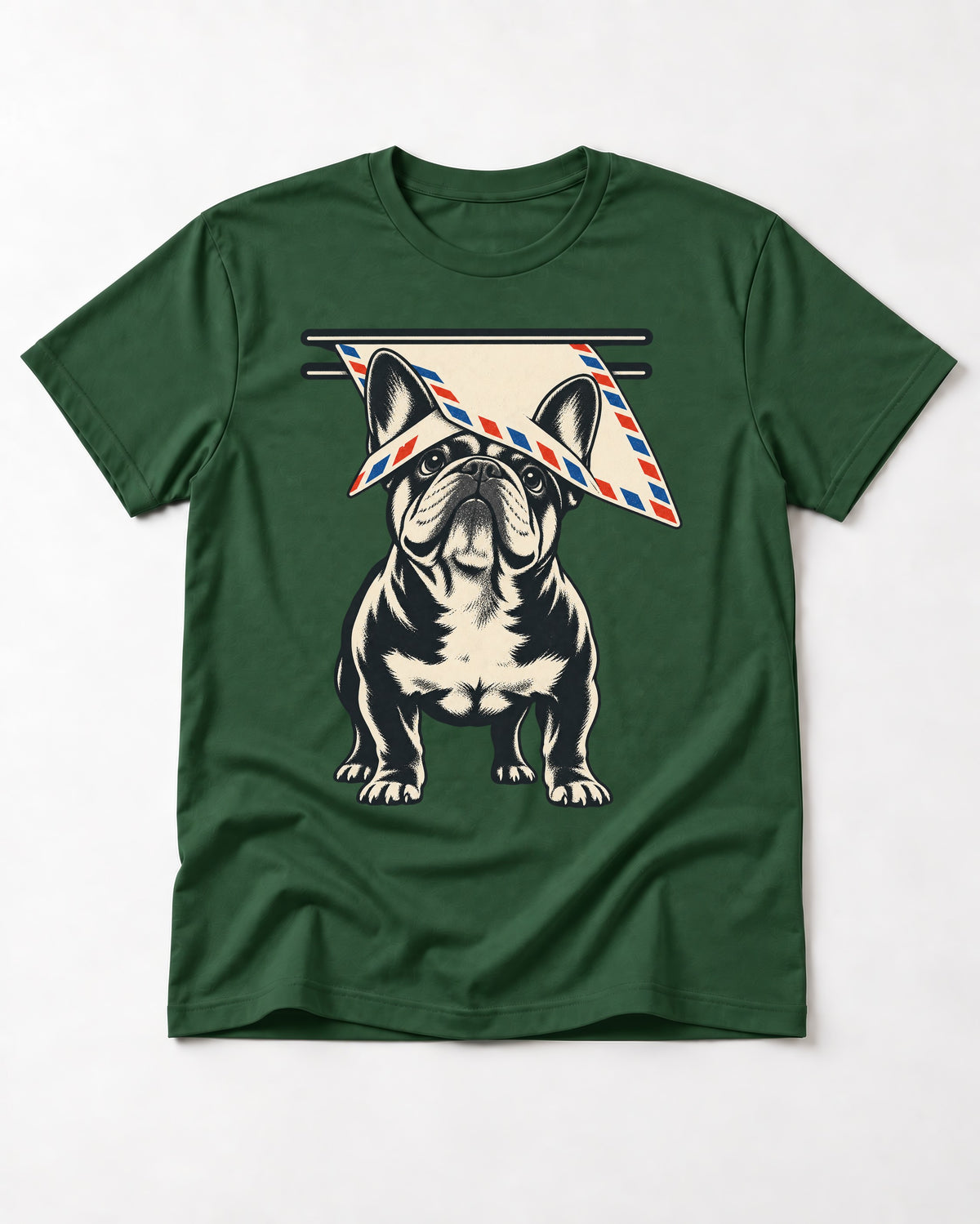 Frenchie Mail Slot Intercept Graphic T-Shirt in Forest Green, flat lay product photo