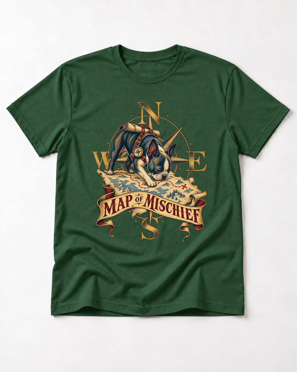 Map of Mischief Boston Terrier T-Shirt in Forest Green, flat lay product photo