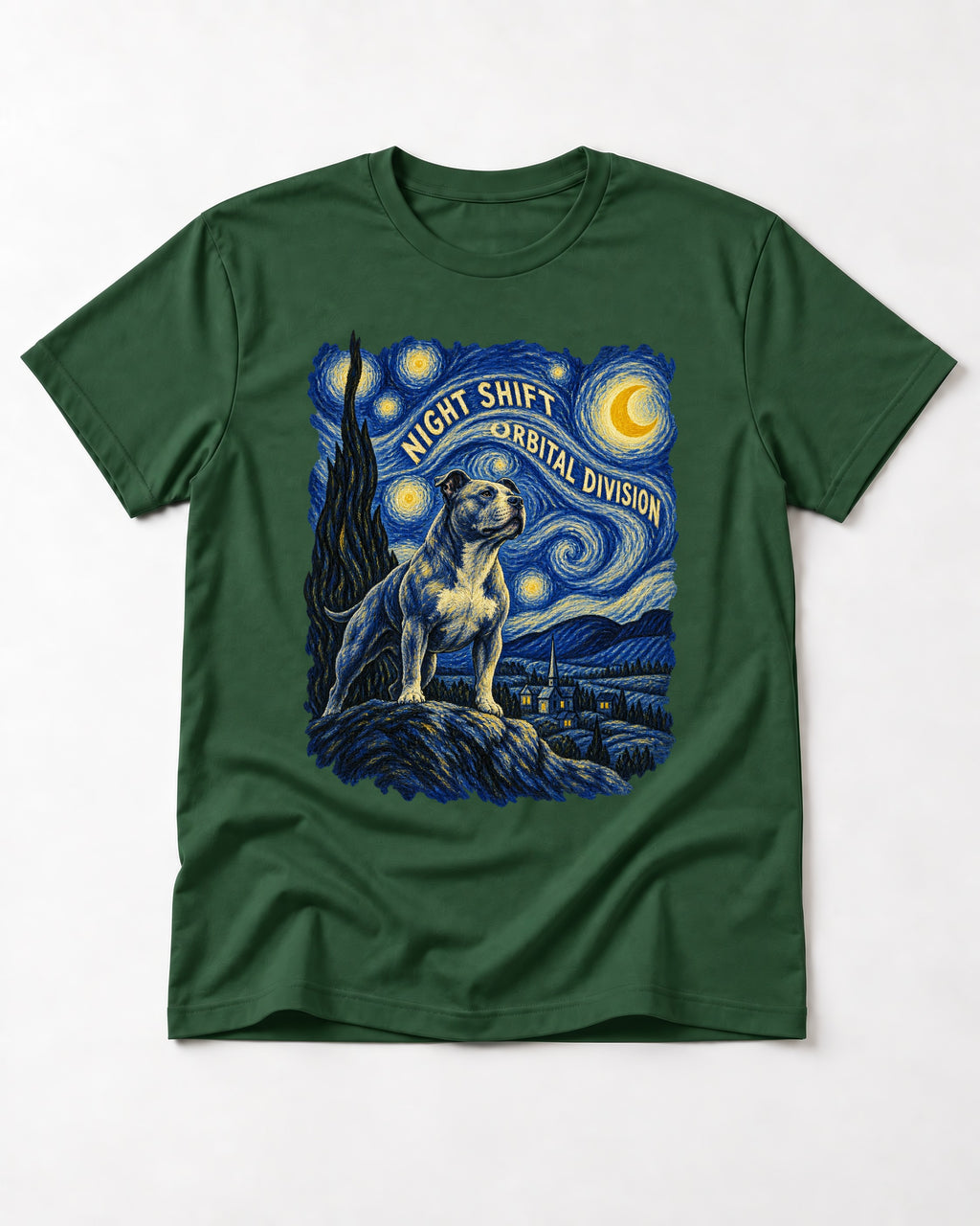 Pitbull Night Shift Orbital Division Starry Night Graphic T-Shirt in Forest Green, flat lay product photo