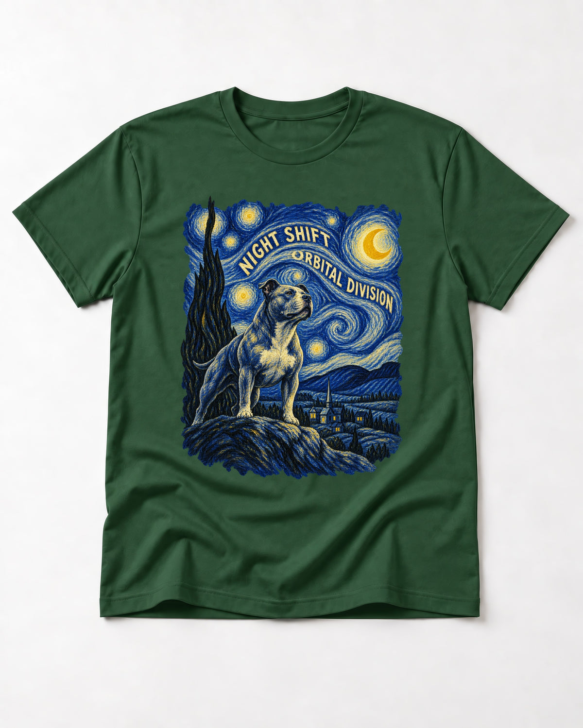 Pitbull Night Shift Orbital Division Starry Night Graphic T-Shirt in Forest Green, flat lay product photo